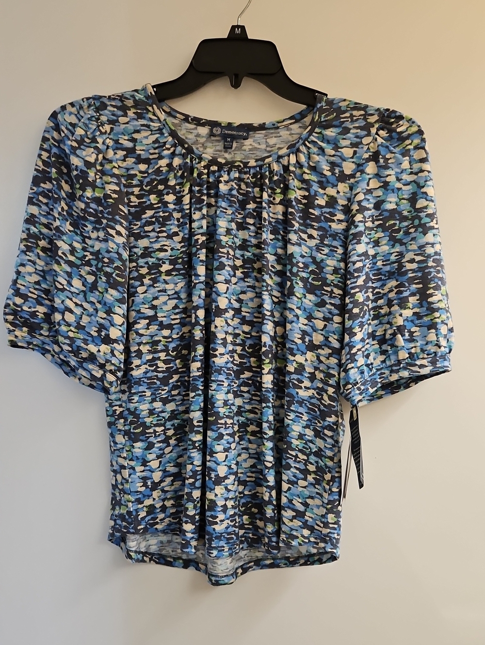 Democracy Womens Medium Island Sky Blue Watercolor Puff Sleeve Top NWT B90593V1E